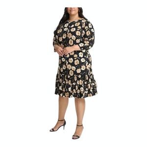 Tommy Hilfiger Plus Size Floral Ruffle-Trim Shift Dress 18W Black Beige